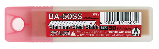 Packaging view of NT BA50SS 50-Pack Stainless Steel Blades, highlighting the secure plastic container