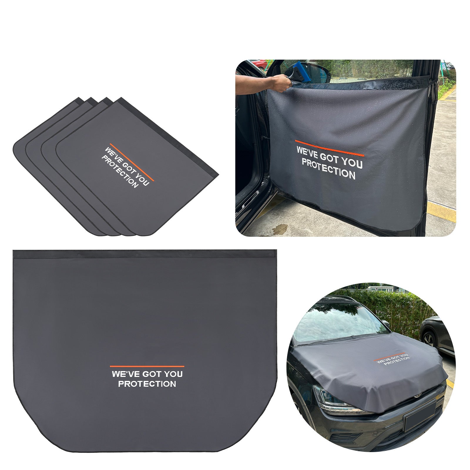 Black Car Door & Hood Protection Cover Set applied to a car door, showcasing its role in preventing scratches and water damage.