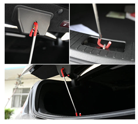 Using the Car Door, Hood, Trunk Hook Tint Tool on a vehicle's trunk, illustrating its versatility and secure latching mechanism for safe installations.