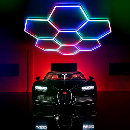Vibrant RGB lighting in a garage illuminated by Colorix Hexa Light RGB11, enhancing the space with energy-saving color.