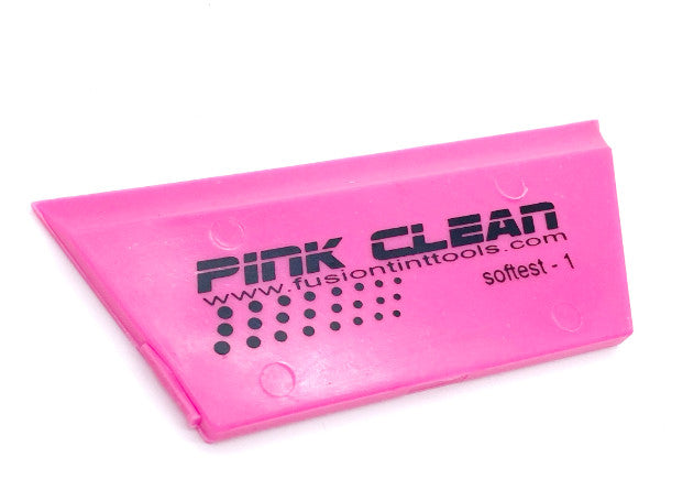 Close-up view of the Fusion 5" Pink Squeegee, showcasing its durability and effectiveness for automotive window prep.
