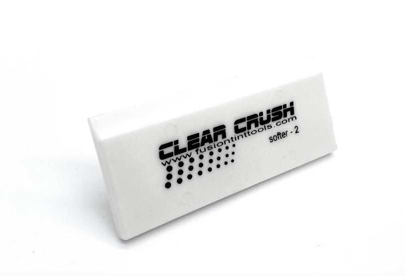 Close-up of the Fusion Clear Crush Squeegee, emphasizing the cropped edge for enhanced precision on curved surfaces.