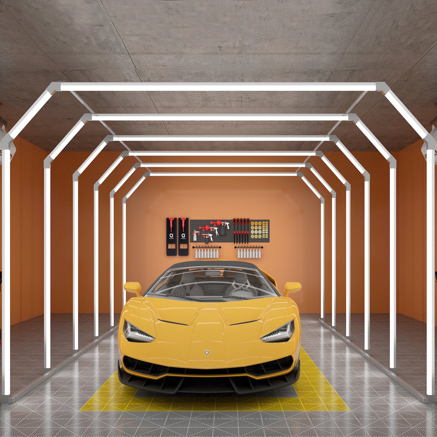 Close-up of the Portaleon SGE1011 in action, illuminating a garage space with pure white, energy-efficient light.