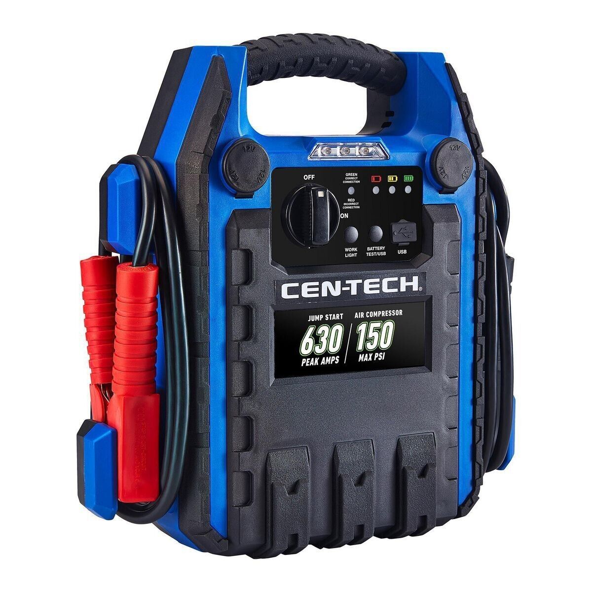 Close-up of the CEN-TECH Jump Starter's 150 PSI air compressor, ready for any tire emergency.
