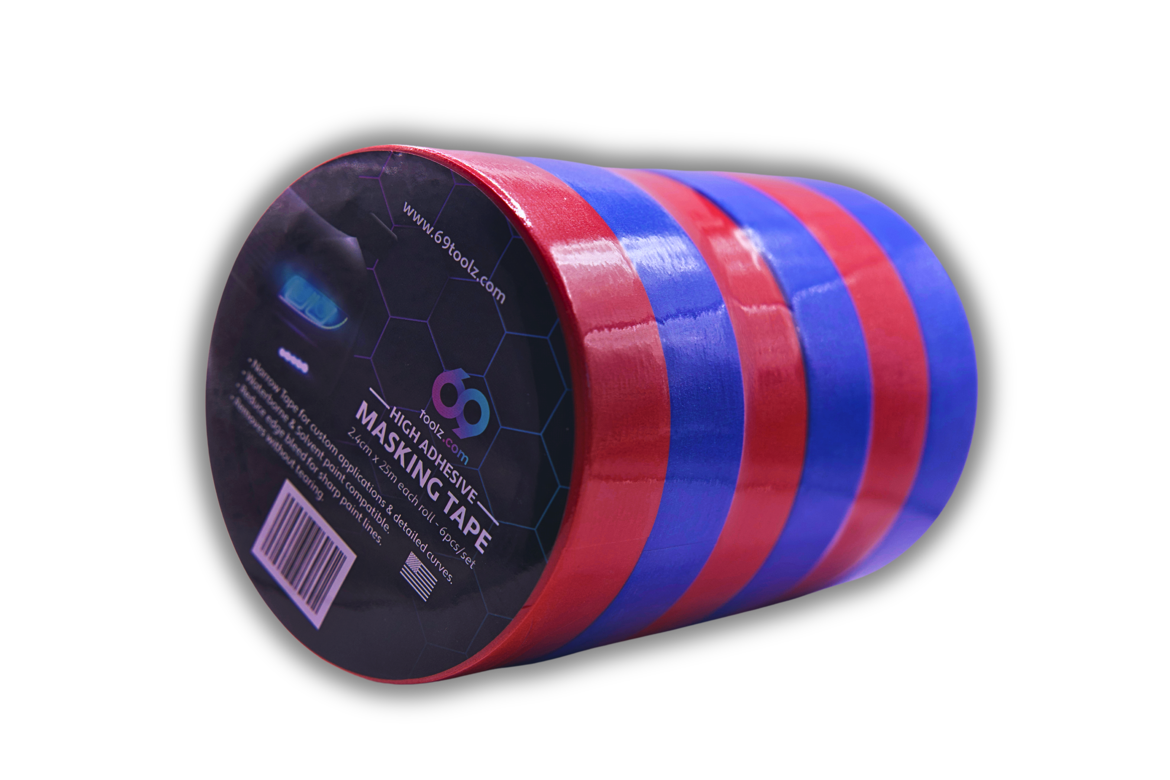Rolls of .94 inch red and blue Precision Masking Tape, ready for detailed automotive and design work.