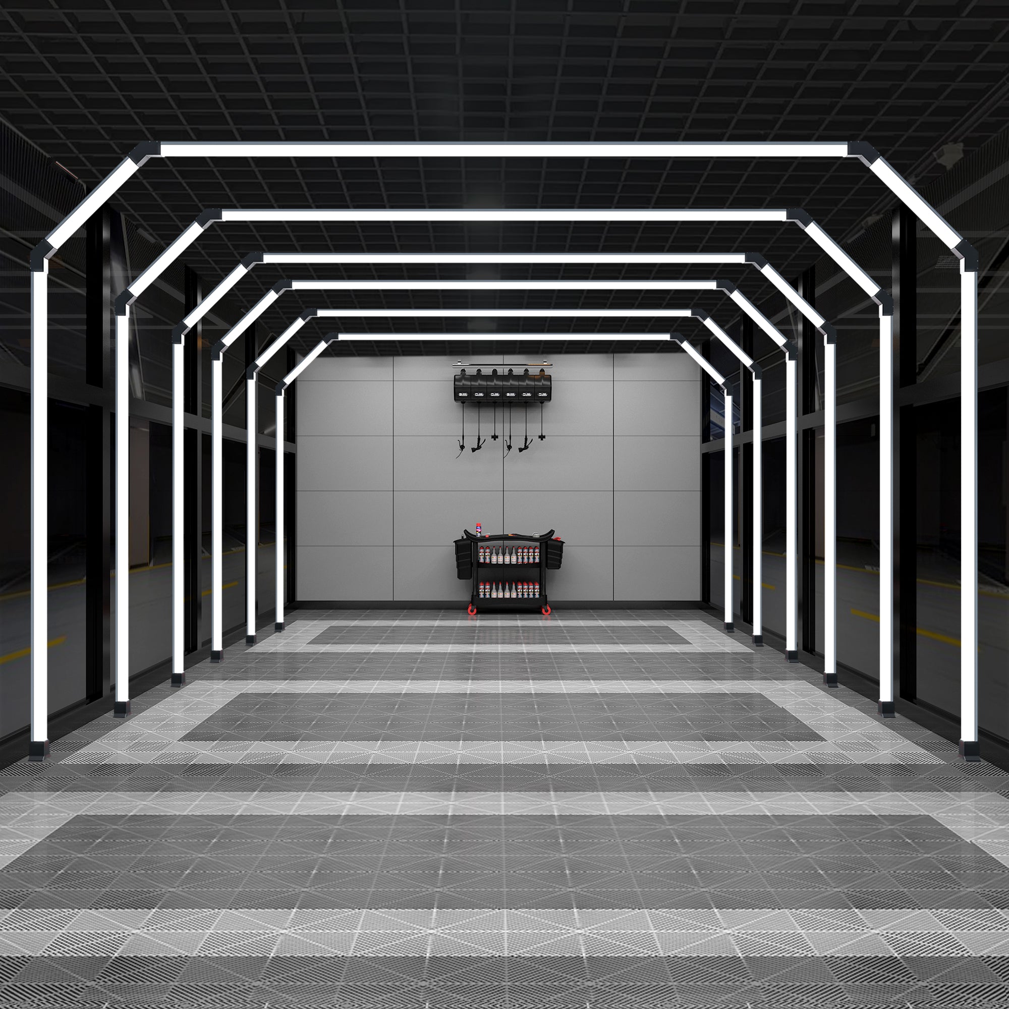 Garage transformed by the sophisticated hexagon LED tunnel lights from Portaleon SGE1011, showcasing depth and perspective.
