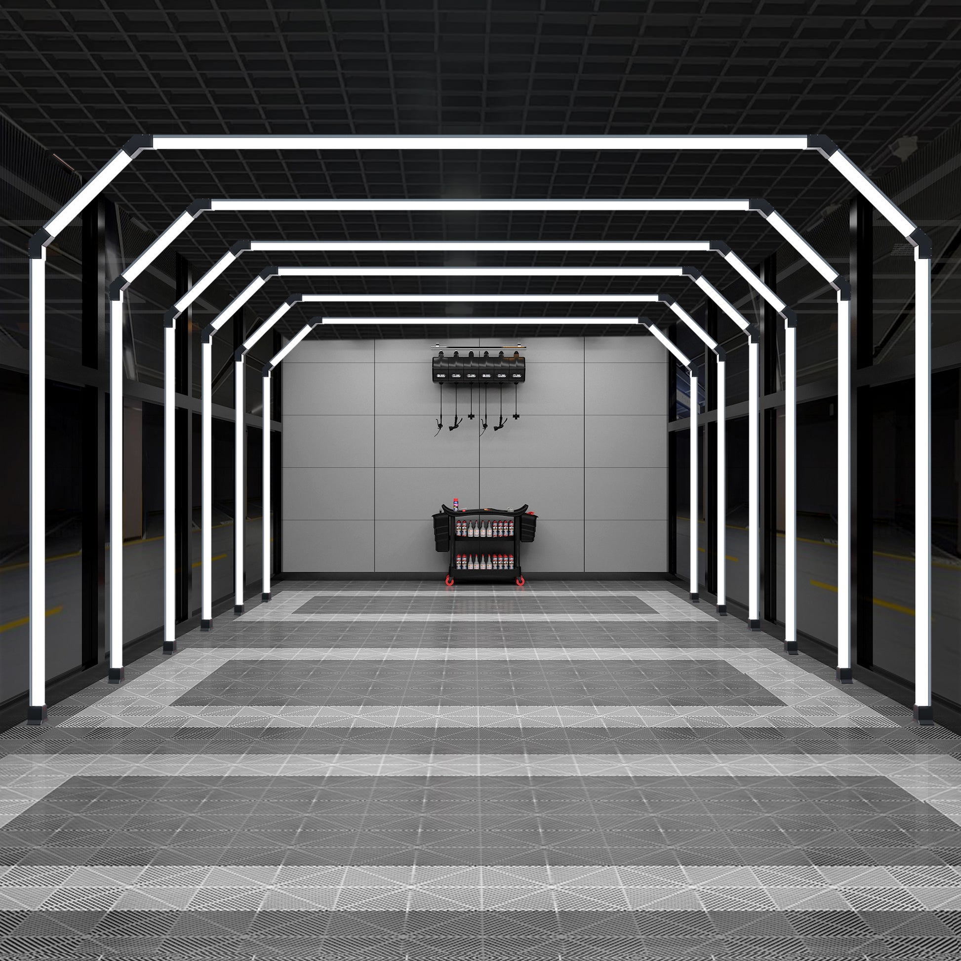 Garage transformed by the sophisticated hexagon LED tunnel lights from Portaleon SGE1011, showcasing depth and perspective.