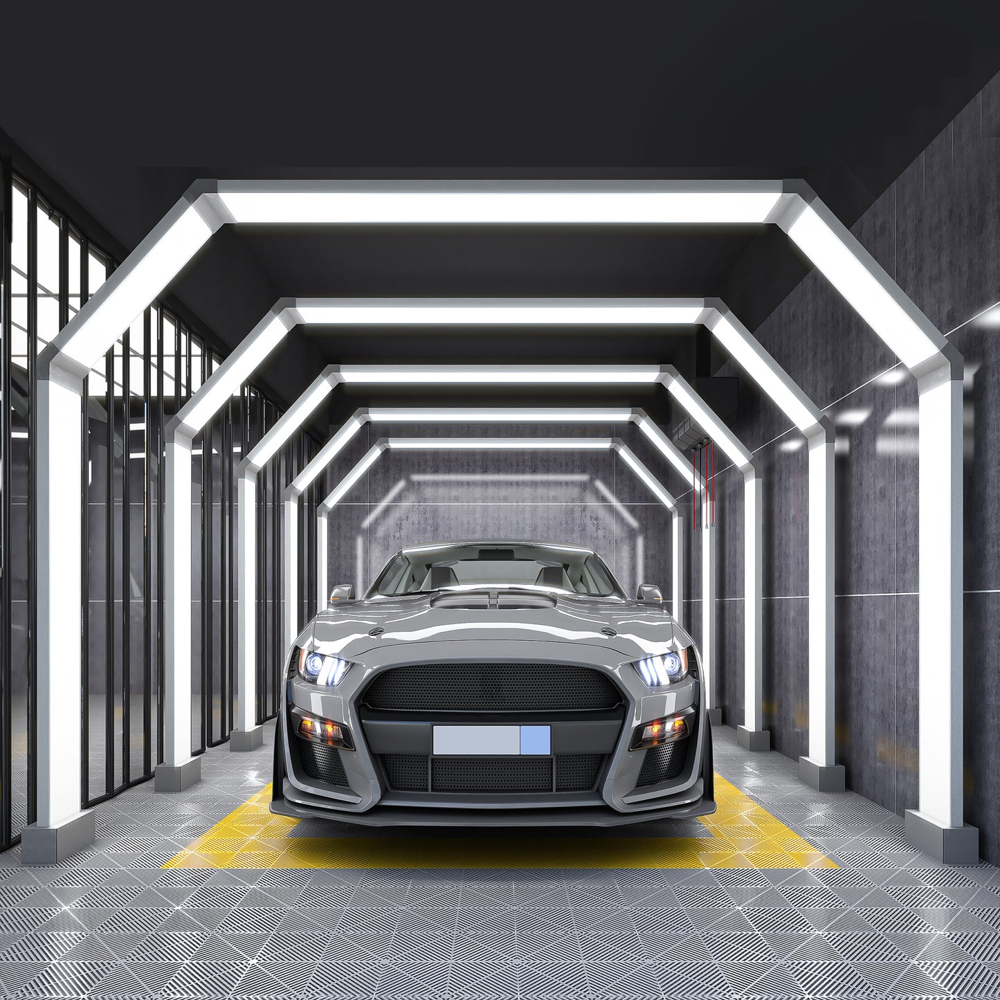 Dynamic lighting effect created by the Portaleon SGE1006 Hexagon LED in a contemporary garage setting.