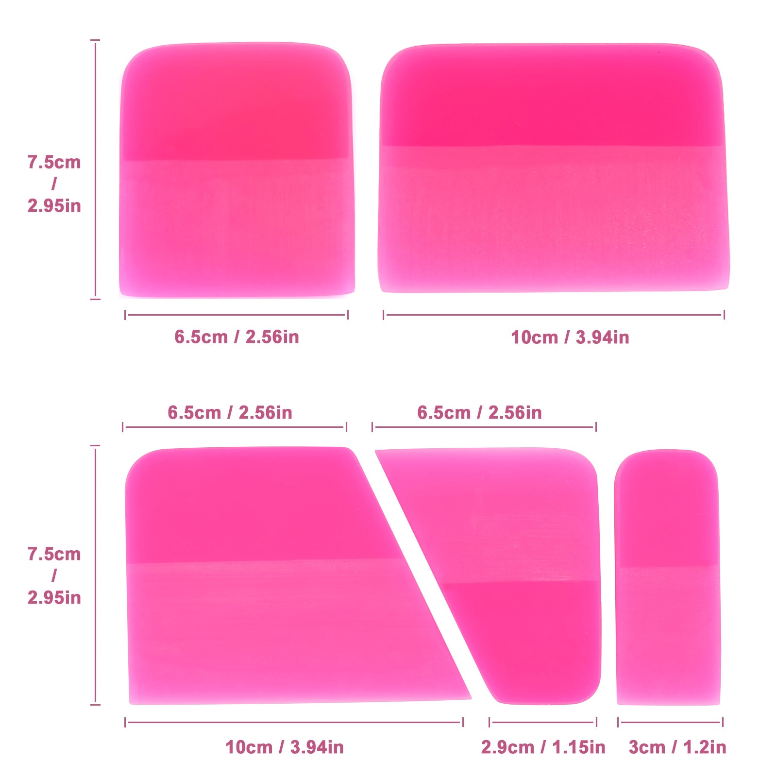 A pink round edge PPF squeegee from the kit, focused on the soft edge for bubble-free PPF installations. with sizes