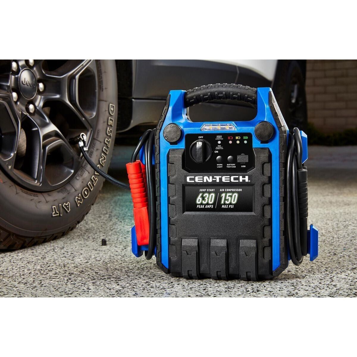 The complete CEN-TECH Portable Jump Starter and Power Pack set, highlighting its all-in-one emergency readiness.