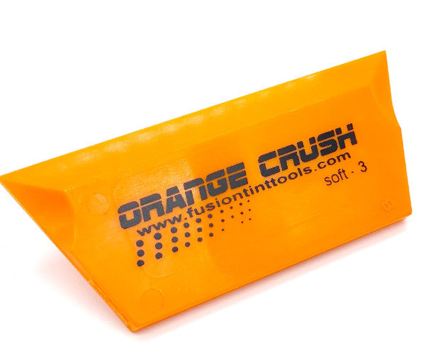 Close-up of the Fusion Orange Crush - 5" squeegee, highlighting its edge for effective water removal in tinting applications.