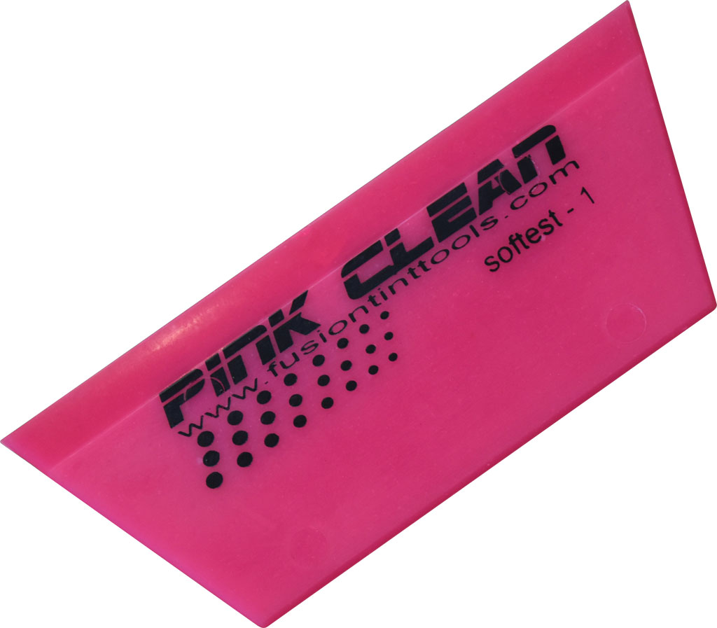 Fusion 5" Pink Squeegee displayed, emphasizing its soft, flexible material ideal for gentle glass preparation.