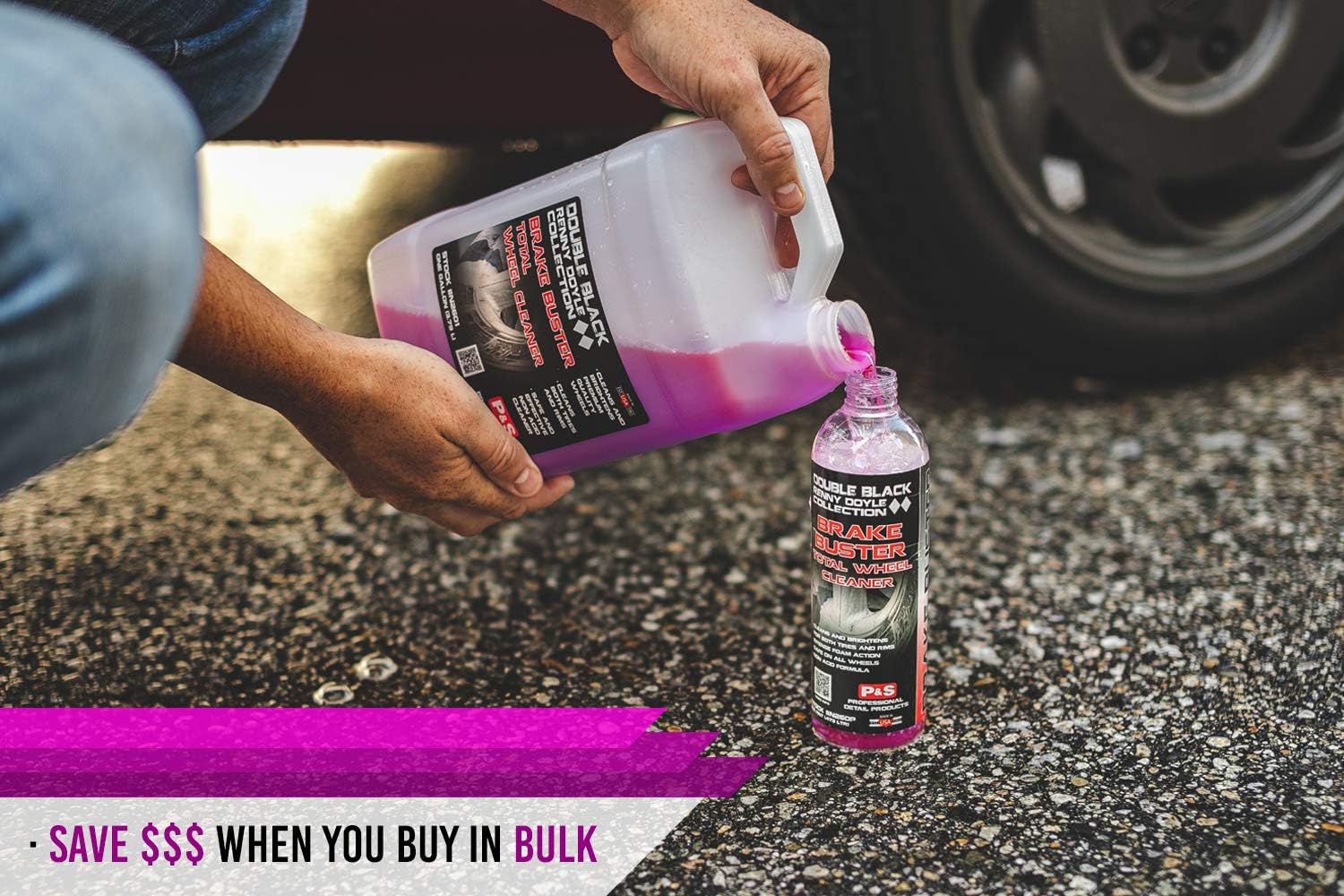 Applying P&S Brake Buster Total Wheel Cleaner on a car wheel, showing the product in action removing dirt and brake dust.