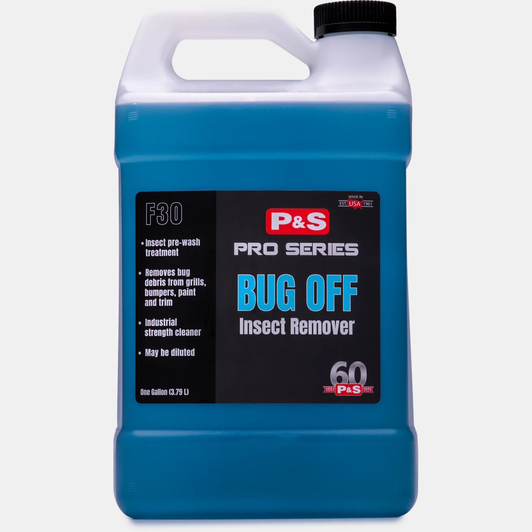 Front view of the one-gallon P&S Bug Off Insect Remover, showcasing the product details and usage instructions.