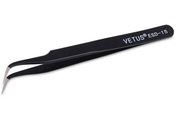 Fine curved-tip Precision Vetus Tweezers for detailed weeding and dust removal. vetus esd-15