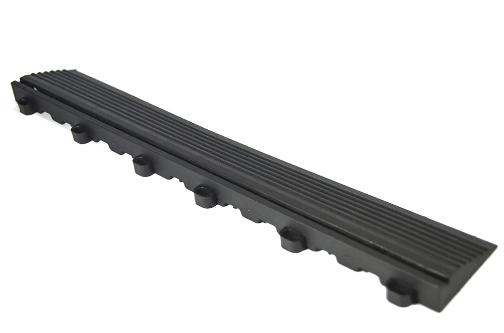 Close-up of black GaraZilla Floor Edge Trim, showcasing its durability and sleek design.