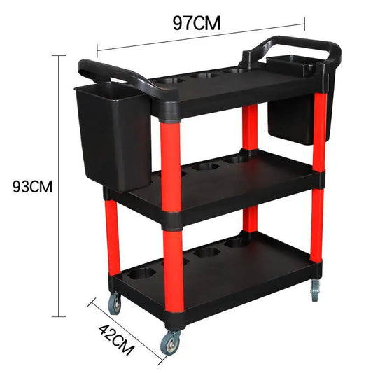 Dimensional view of the Ultimate Multi-Purpose Cart Trolley, highlighting its compact design and storage capacity for automotive detailing tools.