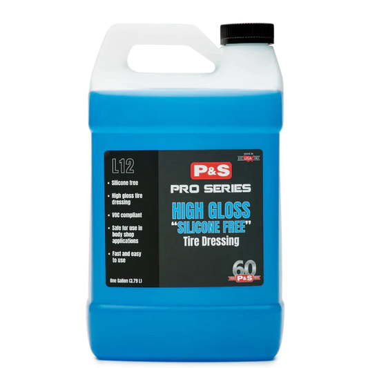 P&S Pro Series High Gloss Tire Dresser in a one-gallon container, offering an eco-friendly, silicone-free solution for tire care.