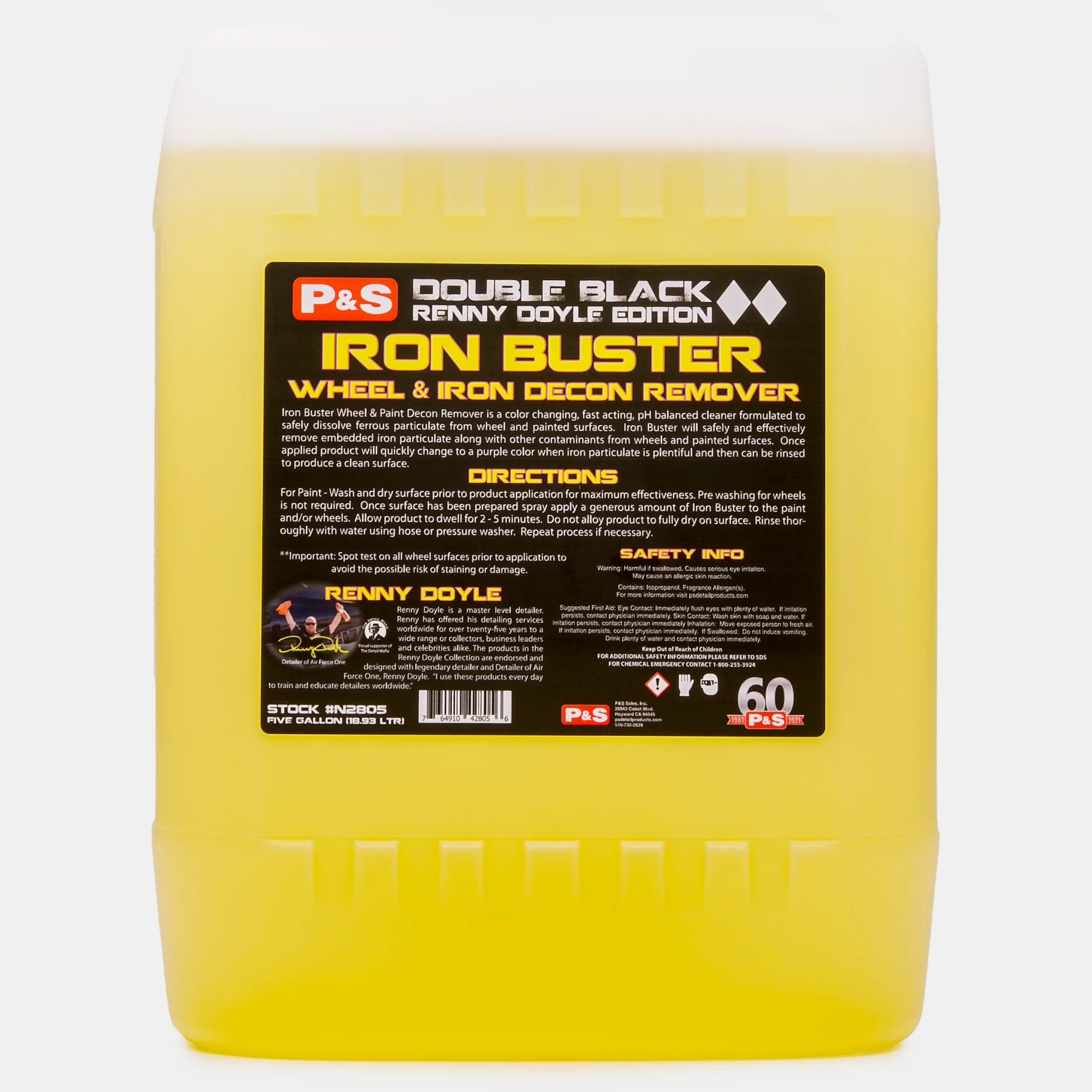 Close-up of P&S Iron Buster 5 gallon-size, showcasing the label and effective formula.