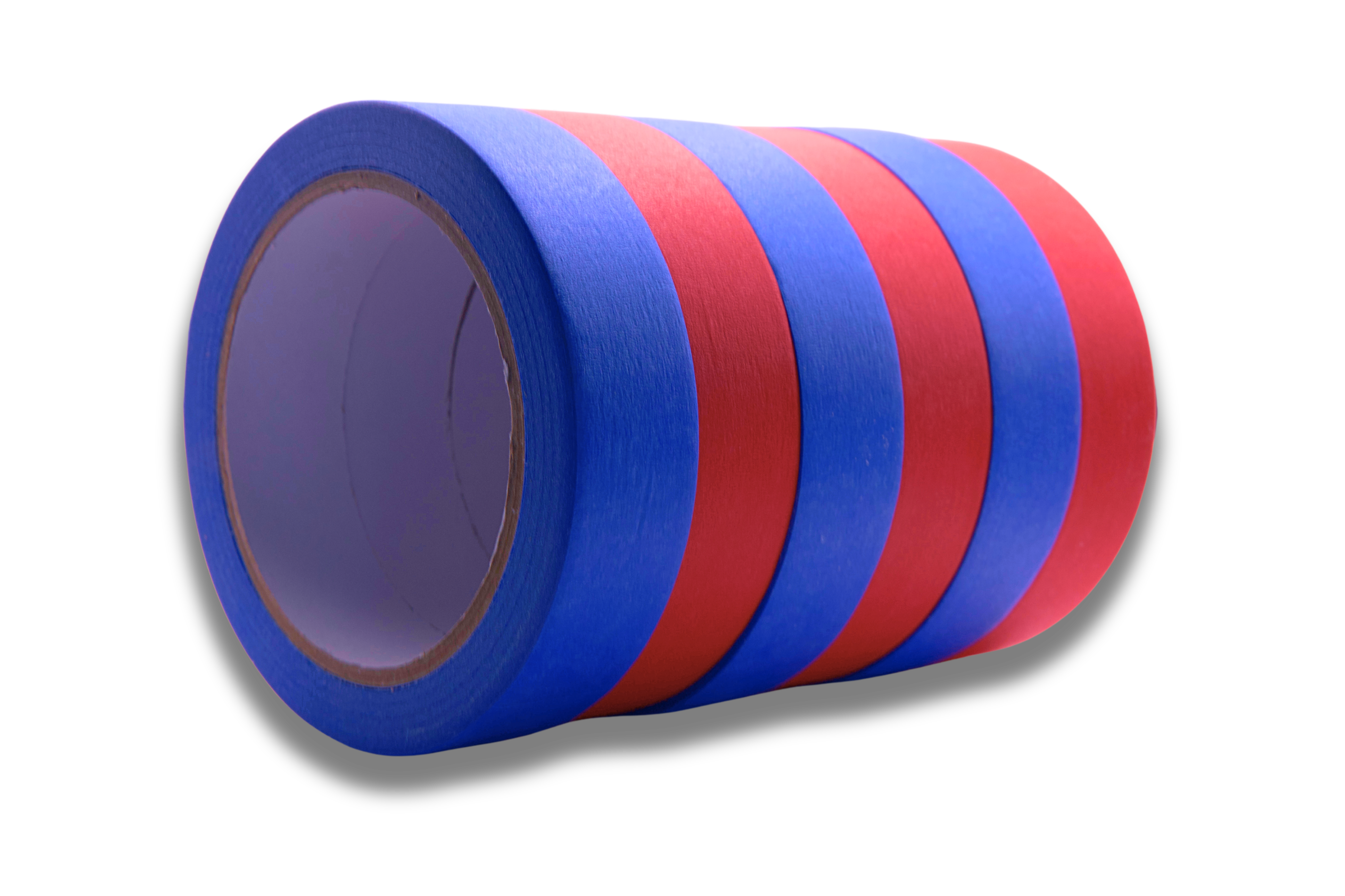 Packaged Precision .94 inch Masking Tape in red and blue, showcasing the six-roll package for professional use.