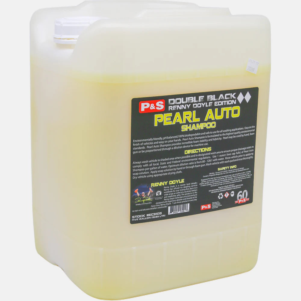 Bulk 5-gallon P&S Pearl Auto Shampoo, ideal for professional use with eco-conscious values.