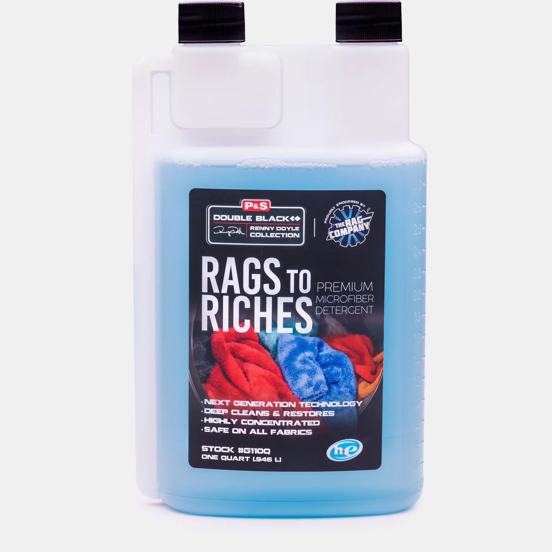 Detailed view of Rags to Riches detergent label, highlighting its benefits and usage instructions for optimal microfiber care.
