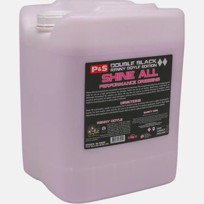 5-gallon container of P&S Shine All High-Performance Tire Dressing, showcasing the product's bulk packaging for professional use.