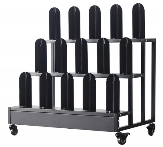 5-Slot Vinyl Roll Storage Rack holding various rolls, ideal for efficient organization and space-saving in studios and businesses, compatible with floor and wall setups.