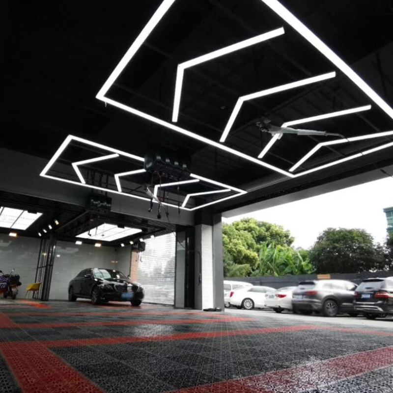 Sleek and modern Vortex Hexa Light ST5018 installed in a garage, showcasing its unique shape and bright, efficient lighting.