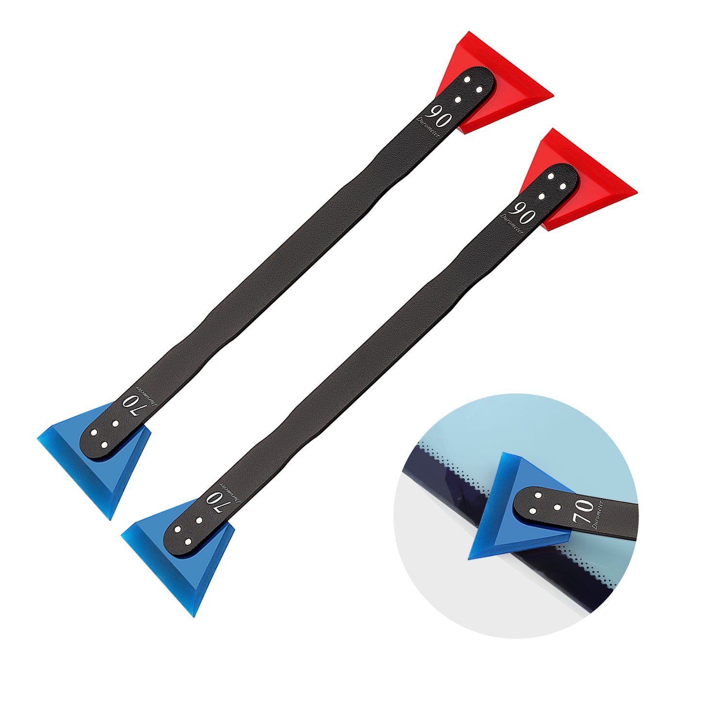 Dual Head Slim Squeegee displaying its dual-color blades, red for hard surfaces and blue for softer applications.