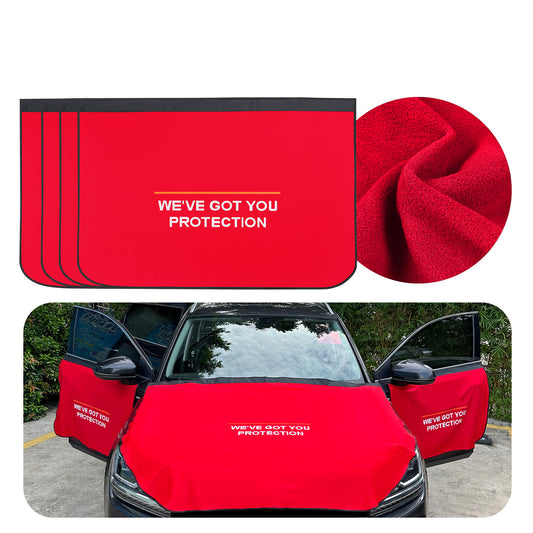 Car Door & Hood Protection Cover Set in red, securely fitted on a vehicle, demonstrating its protective qualities during maintenance.