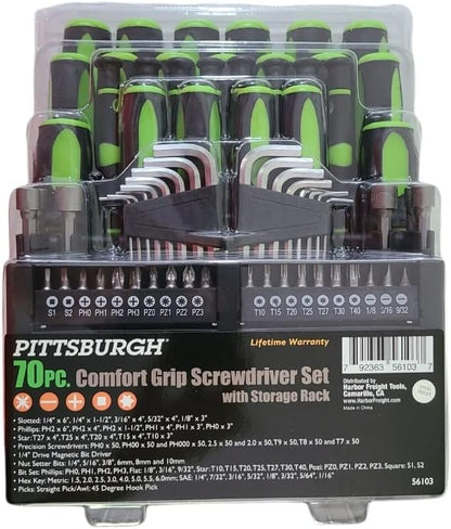 The complete Pittsburgh Professional Screwdriver Set packaging, emphasizing the set's quality and the included storage rack for organization.