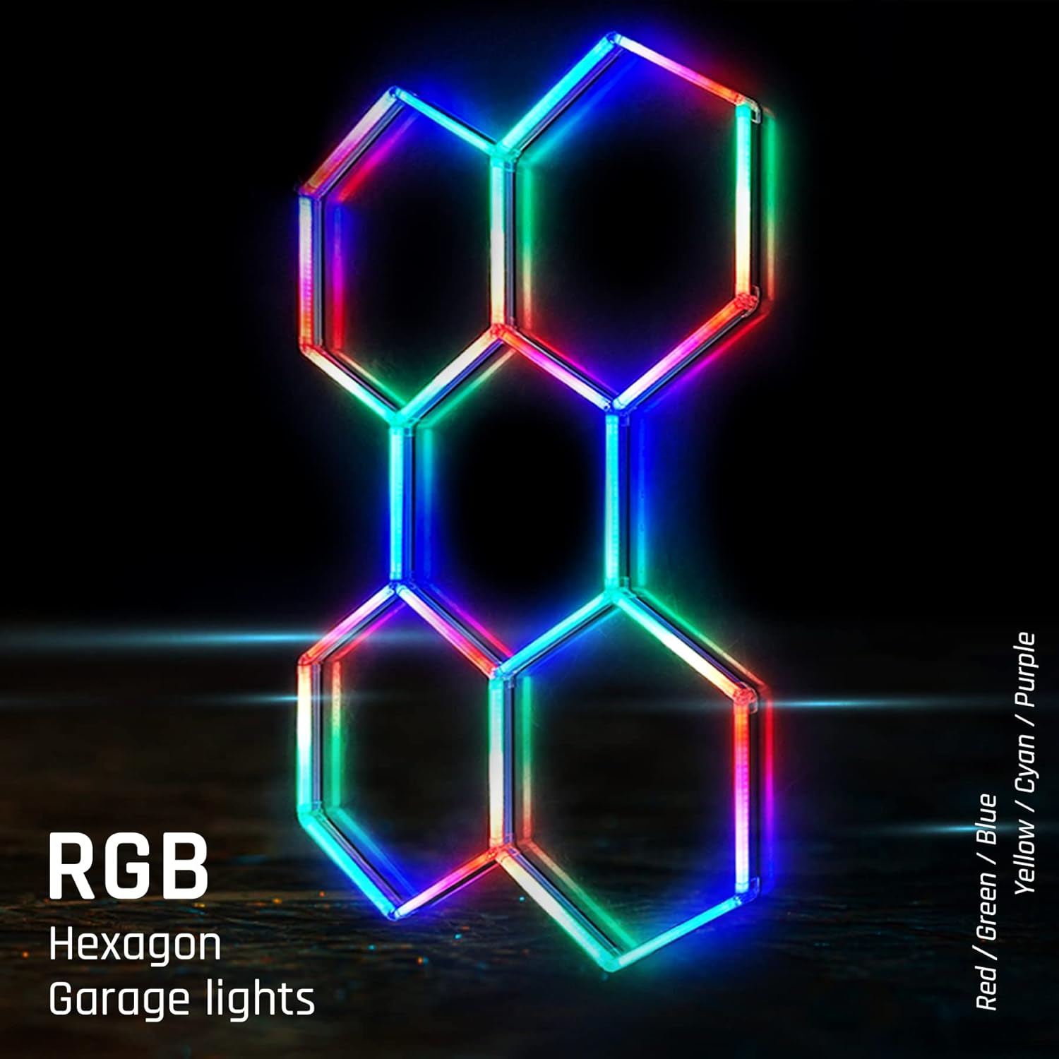Close-up of the Colorix Hexa Garage Light RGB05's RGB LEDs, highlighting the energy-efficient, vibrant light output.